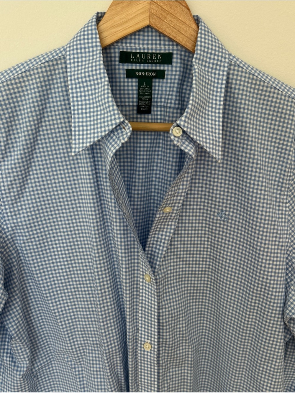 Lauren Ralph Lauren Blue Gingham Non-Iron Button Down Shirt 3/4 Sleeve Sz L - Picture 7 of 7